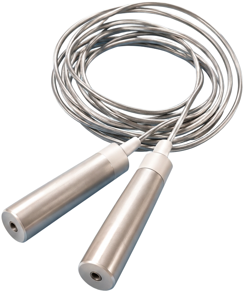 Coiled silver skipping rope with pale handles